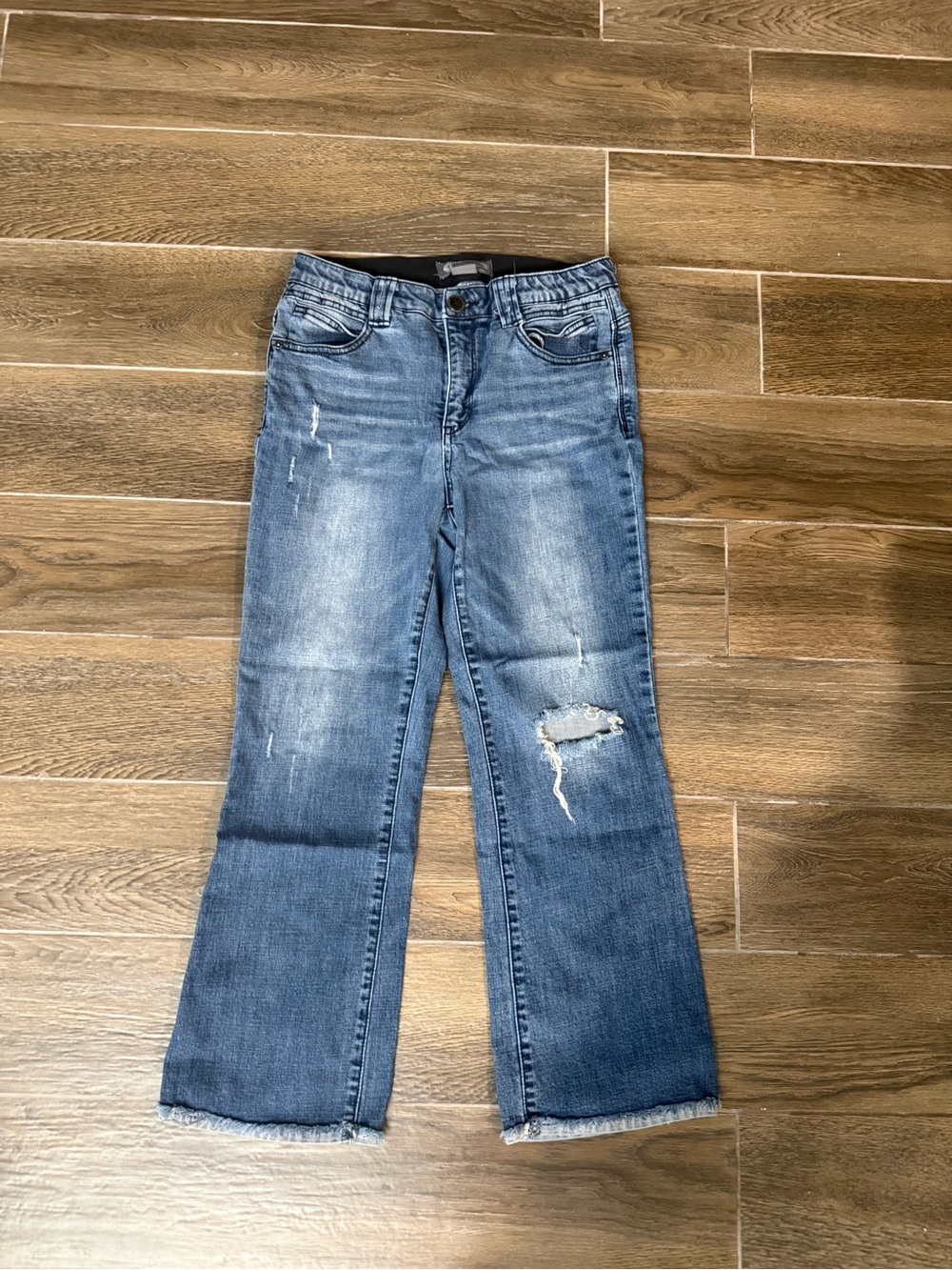Democracy Women's Light Blue Flare Jeans with Distressed Knee